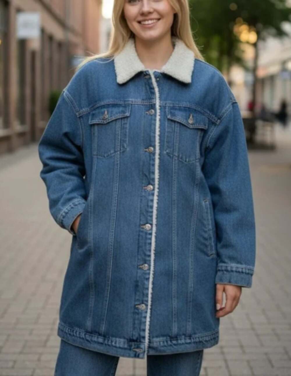 LNDN Landon Denim Sherpa Lined Long Trench Coat Trucker Jacket Dark Wash S NWT
